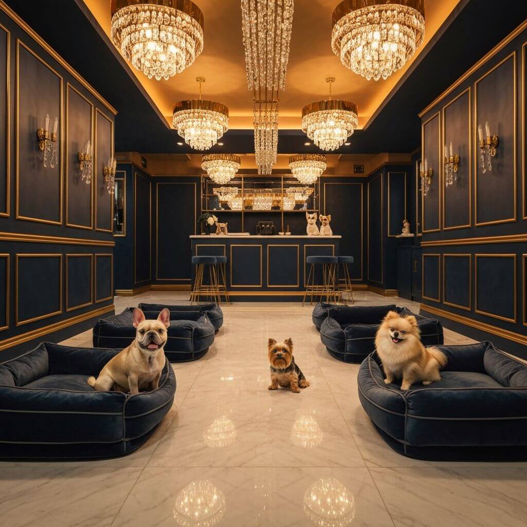 Luksuzni enterijer hotela za pse sa srećnim psima